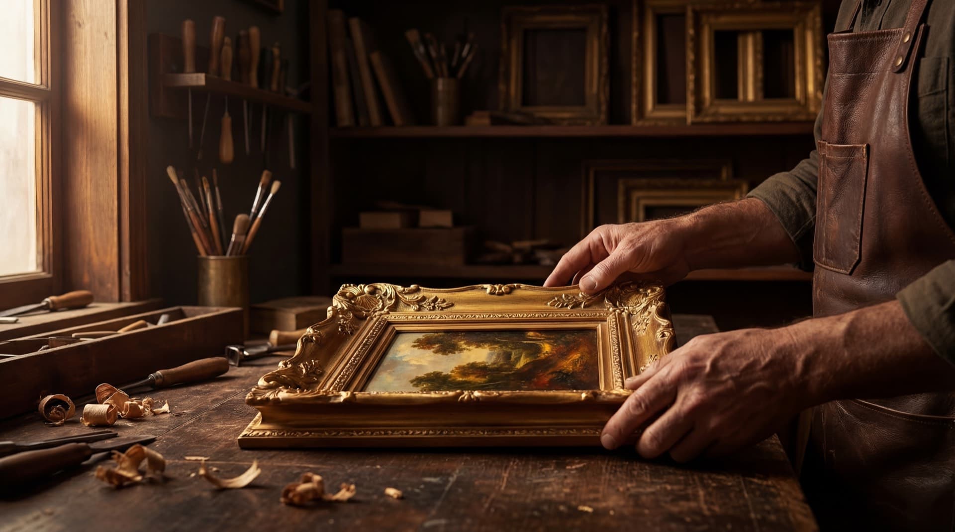 Taller de enmarcación artesanal con marco dorado — Galería y Marquetería Glass Ocaña