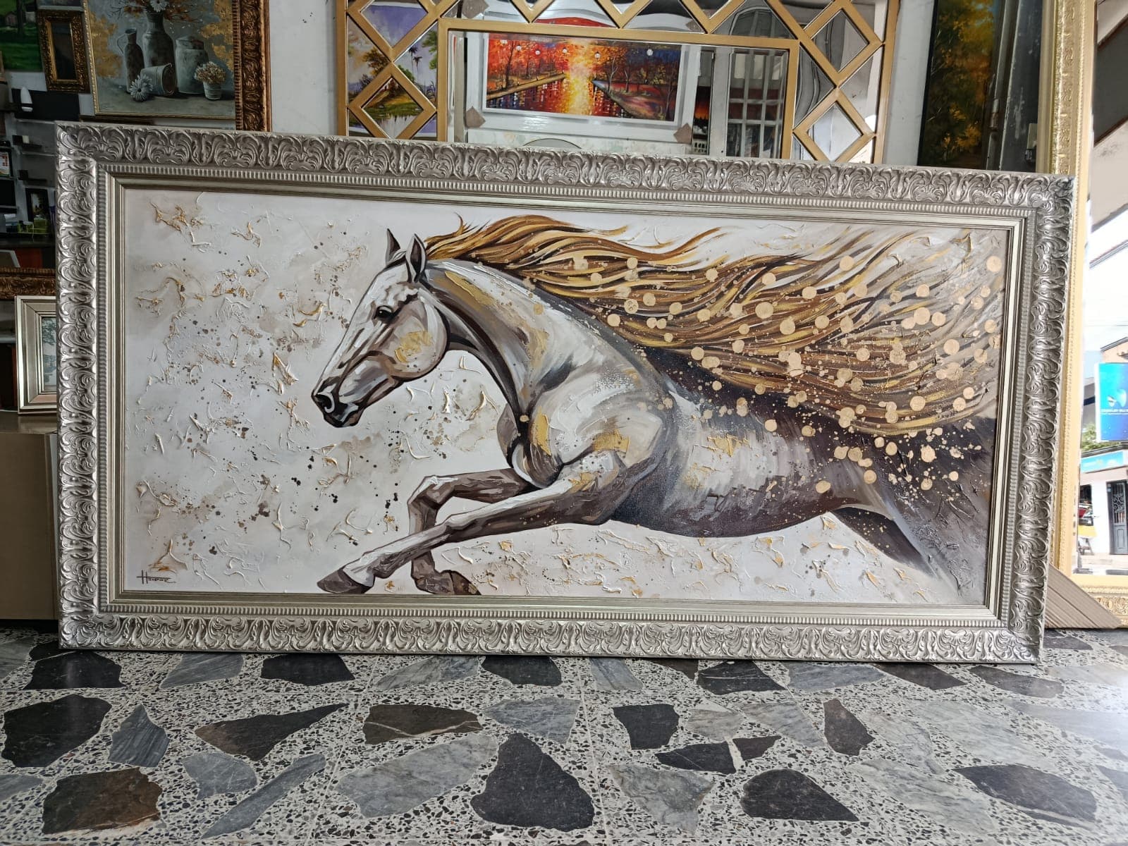 Óleo de caballo con marco plateado artesanal